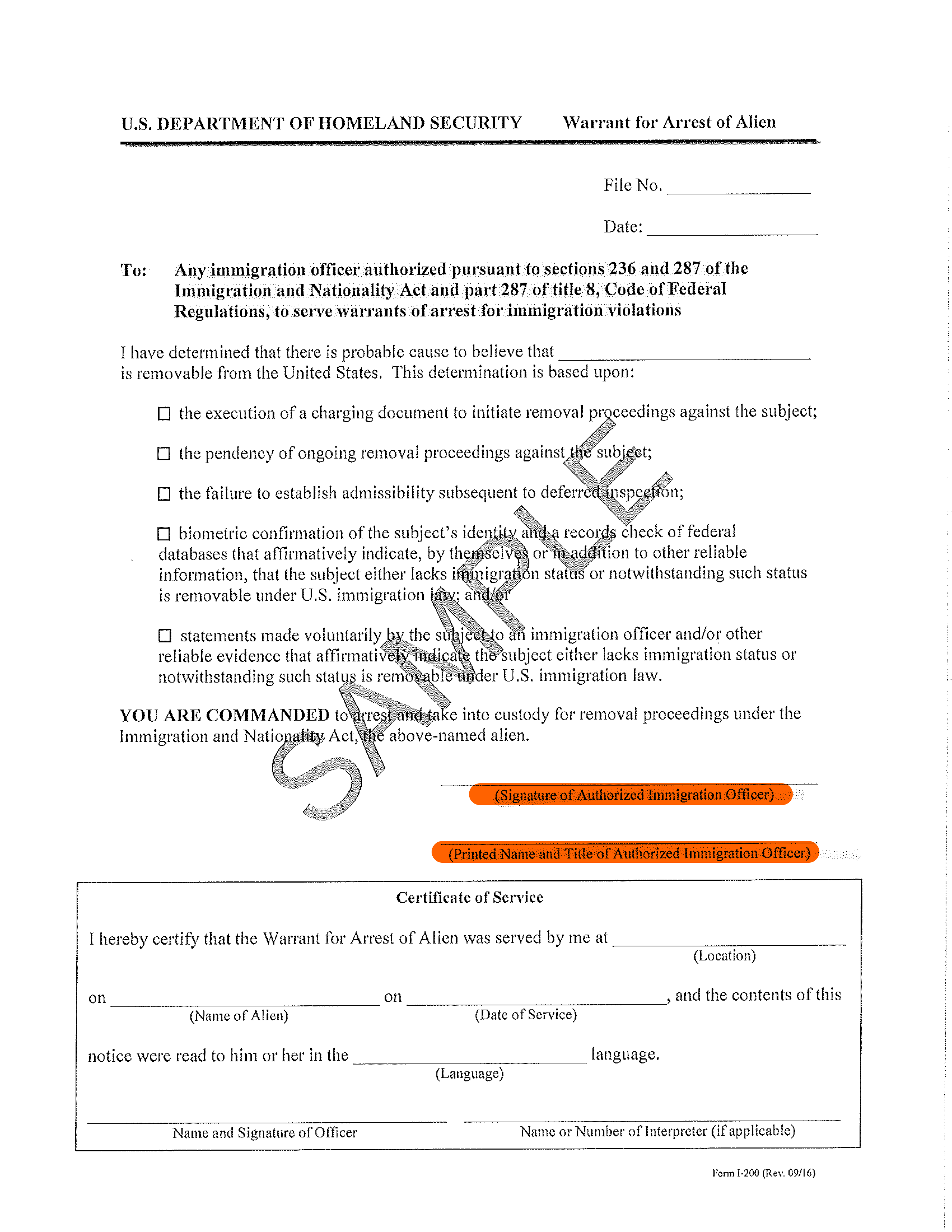 Example of an ICE Administrative Warrant (Form I-200 or I-205)