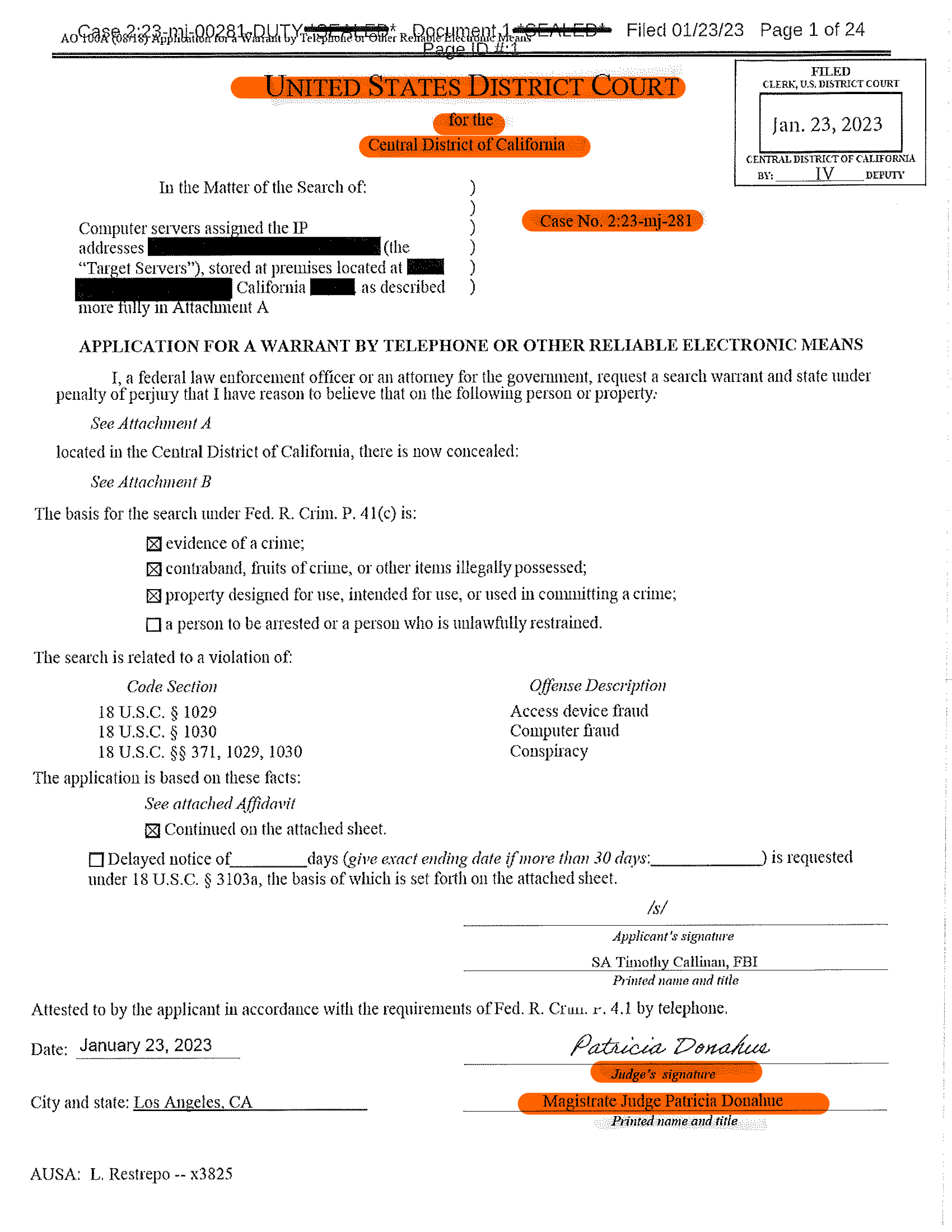 Example of a Judicial Warrant signed by a federal judge